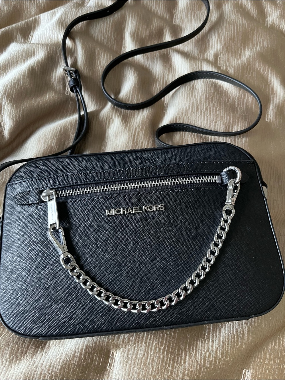 Michael Kors Black Saffiano Crossbody with Silver Chain